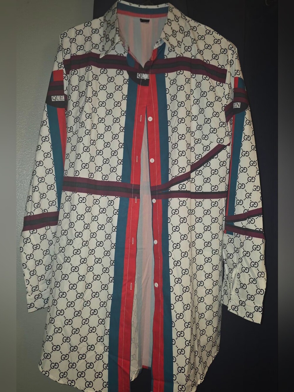 White Logo-Print Button Down Shirt DRESS